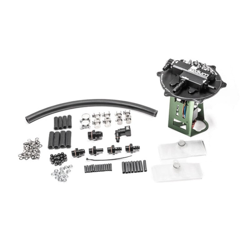 Radium Engineering CNC-machined aluminum fuel pump hanger for Mitsubishi Evolution 7, 8, and 9.