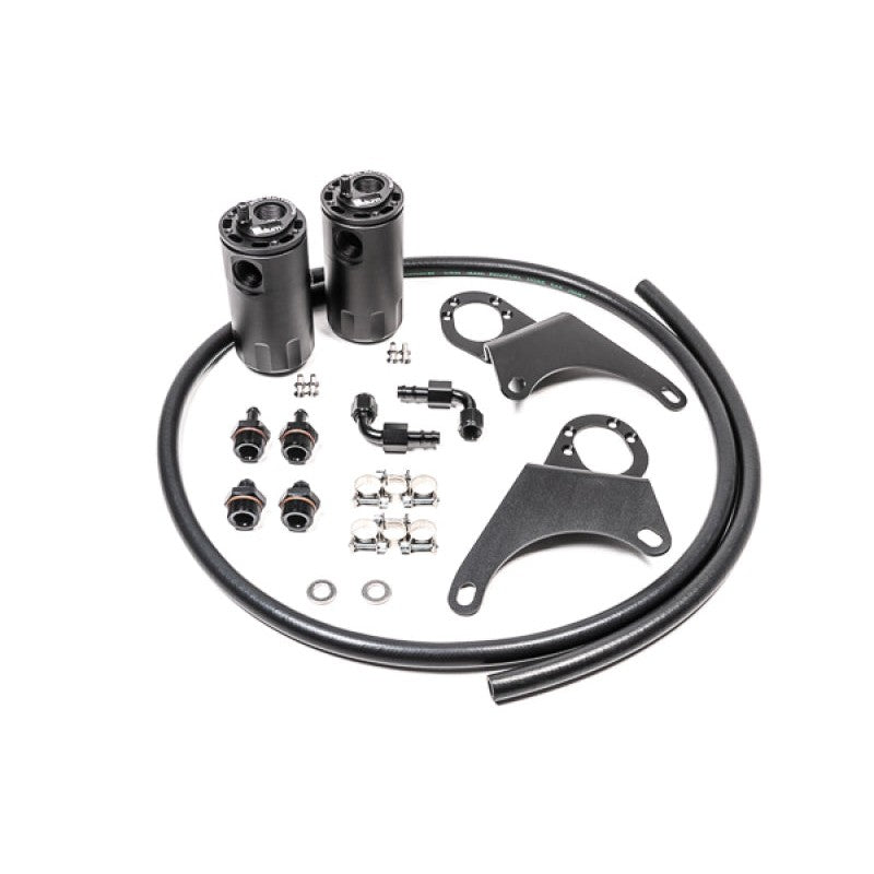 Radium Engineering dual aluminum catch can kit with mounting brackets for Mitsubishi Lancer Evolution 8 and 9.