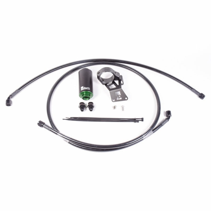 Radium Engineering fuel feed kit for Mitsubishi Evo X with PTFE hoses, in-line microglass filter, and mounting bracket.