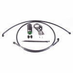 Radium Engineering fuel feed kit for Mitsubishi Evo X with PTFE hoses, in-line microglass filter, and mounting bracket.