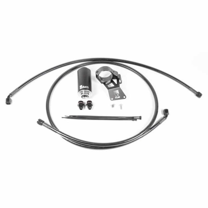 Radium Engineering fuel feed kit for Mitsubishi Evolution X featuring PTFE hoses and an in-line stainless filter.
