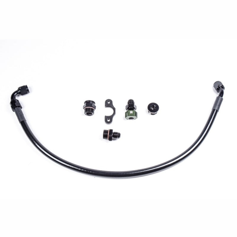 Radium Engineering fuel rail plumbing kit showing hoses and adapter fittings for 2008-2015 Mitsubishi Evolution X.