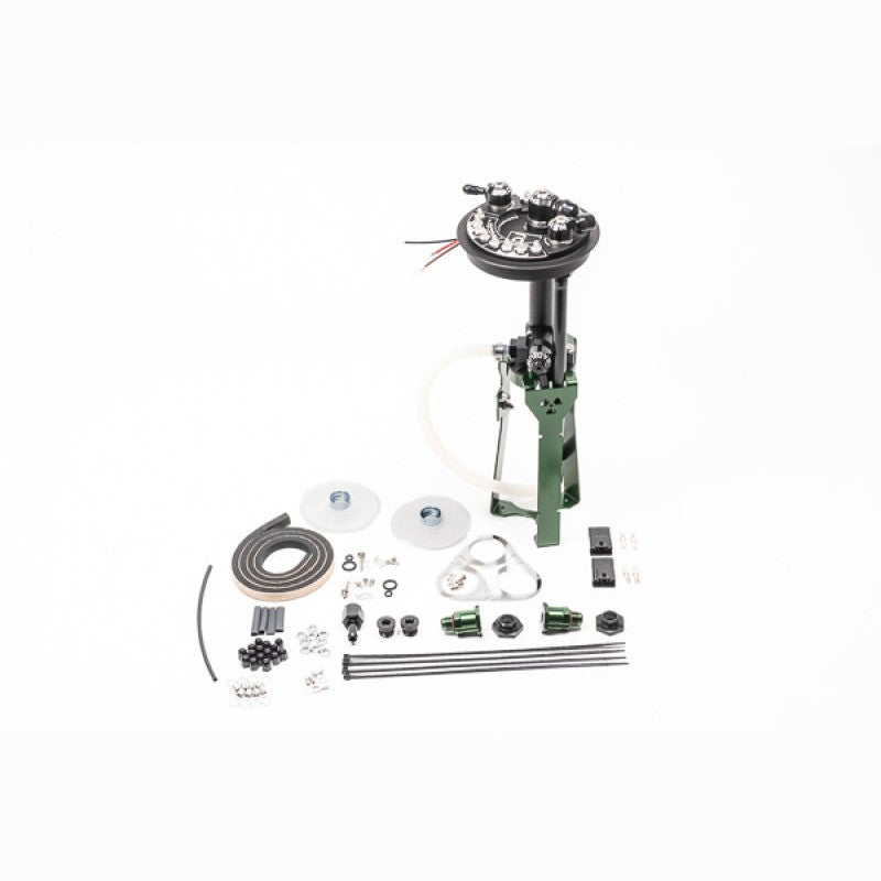 Anodized Radium Engineering fuel hanger assembly for MK4 Toyota Supra featuring triple pump mounting ports and hardware.