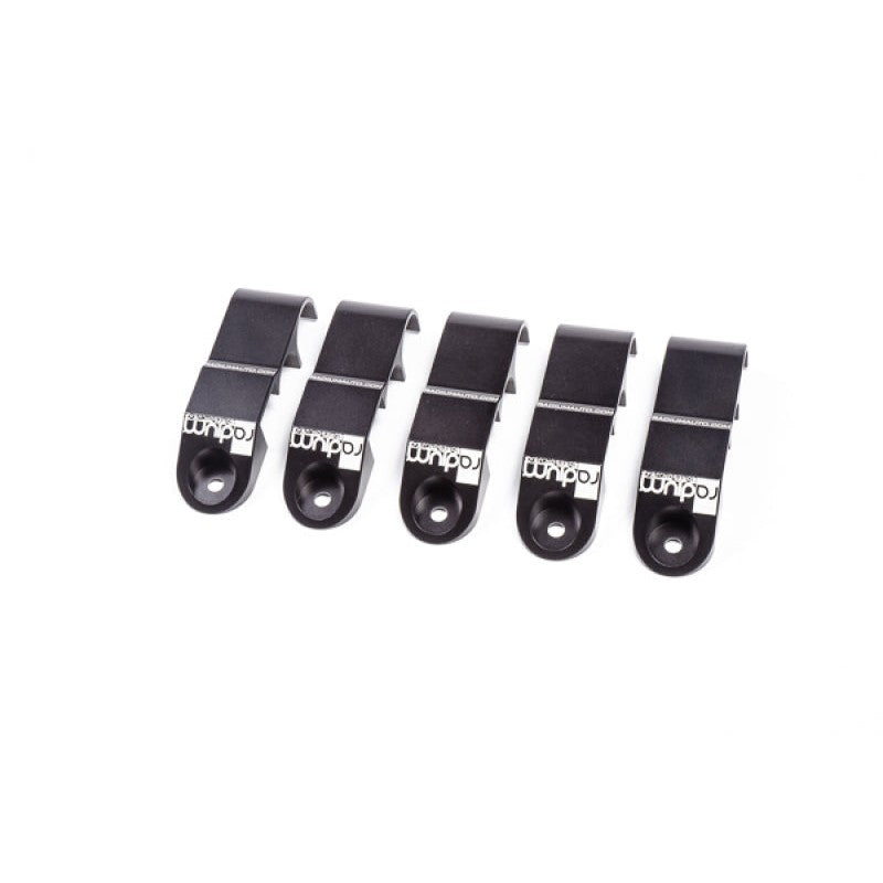 Set of five Radium Engineering black fuel line and battery cable retaining brackets for Nissan GT-R R35 chassis
