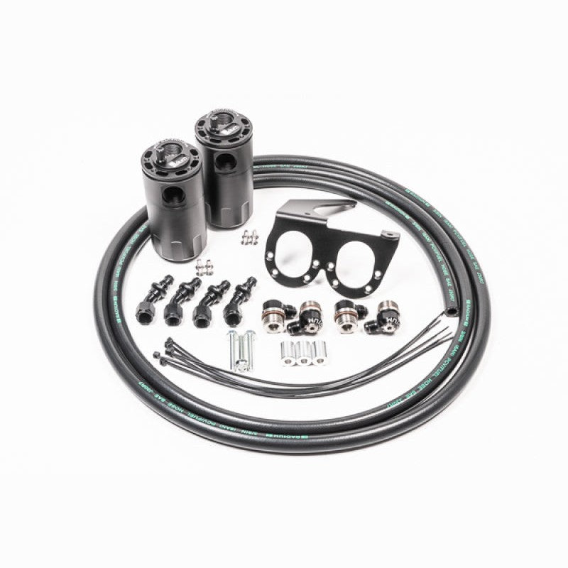 Radium Engineering Dual Fluid Lock catch can kit for Nissan R35 GT-R including black cans, brackets, and hoses.
