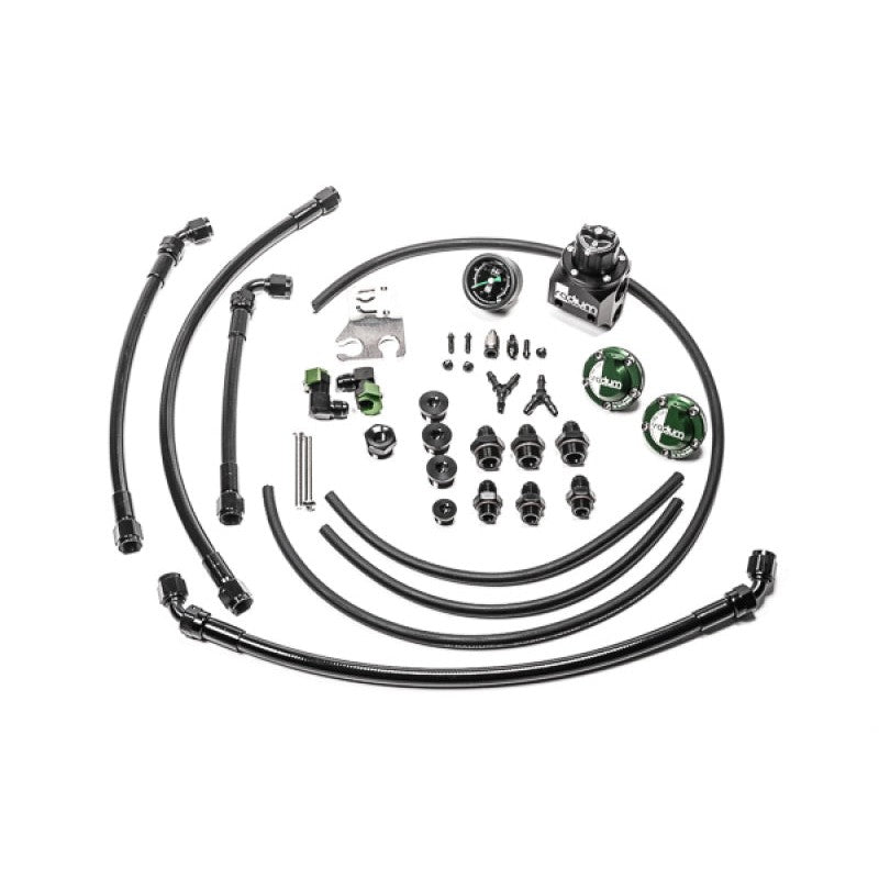 Radium Engineering fuel rail plumbing kit with hoses, fittings, and adjustable regulator for Nissan R35 GT-R VR38DETT.