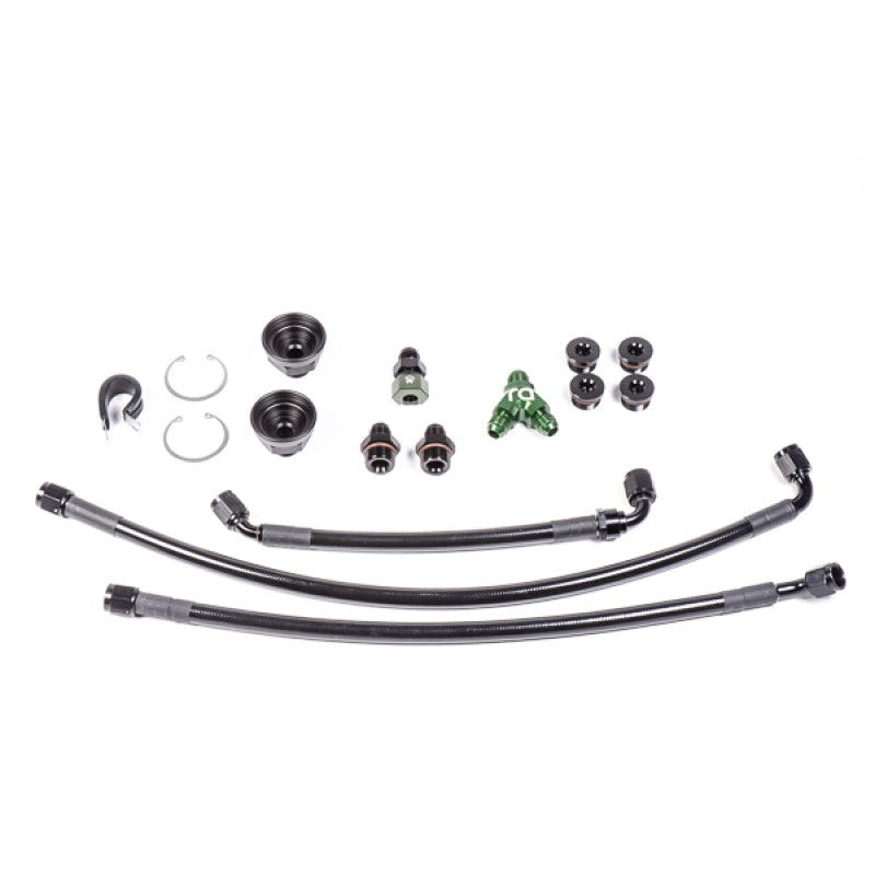 Radium Engineering fuel rail plumbing kit with high-pressure hoses and adapter fittings for Nissan VQ engines.