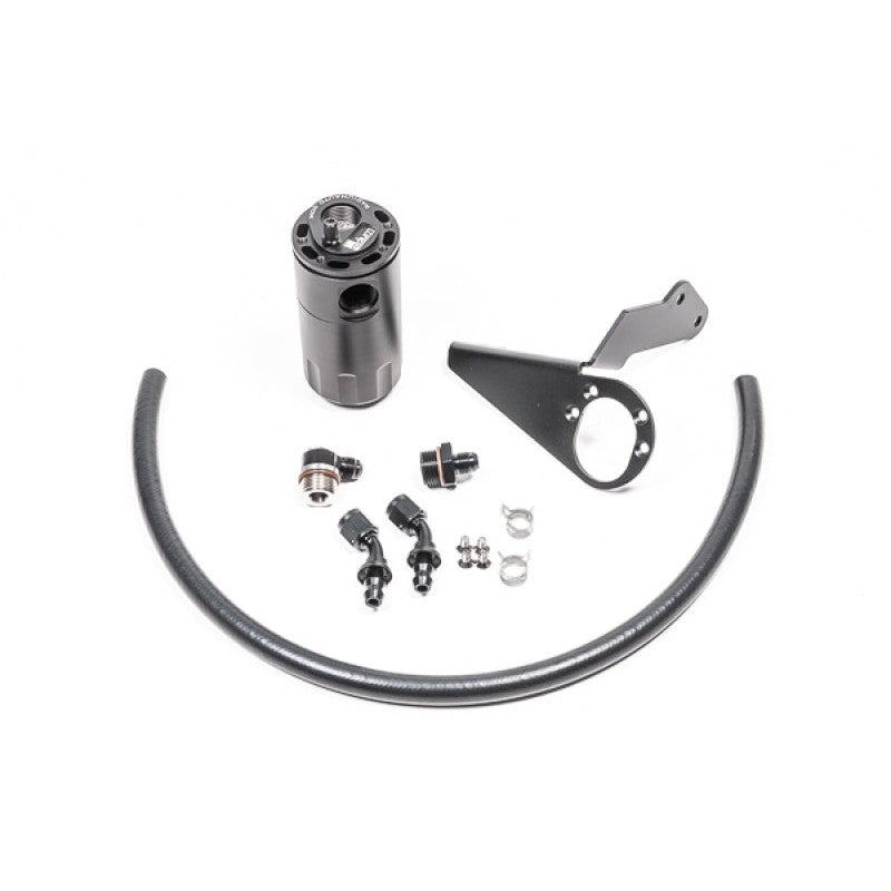 Radium Engineering Fluid Lock PCV catch can kit with black anodized reservoir, mounting bracket, and pre-cut hoses.