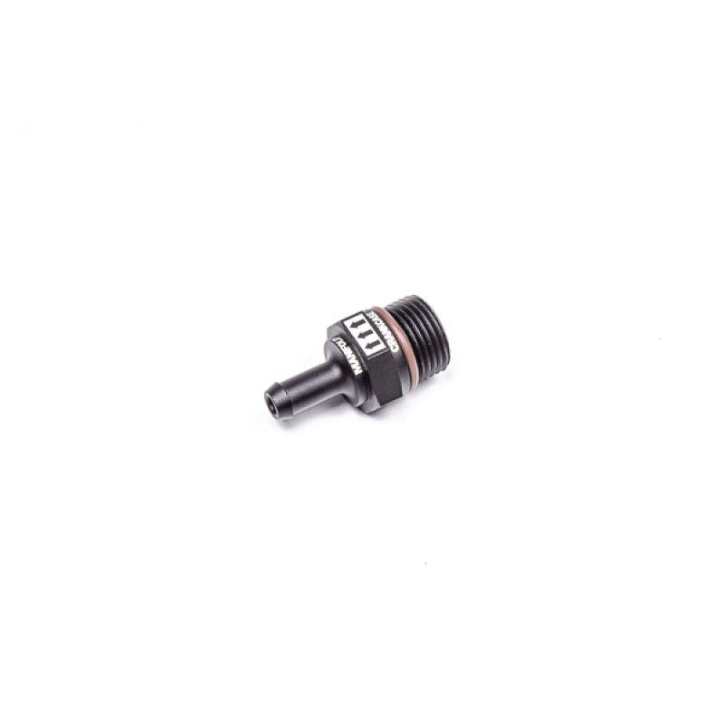 Radium Engineering CNC machined aluminum PCV valve showing 10AN ORB threads and 0.375 inch hose barb