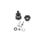 Radium Engineering fuel pump outlet adapter featuring an integrated check valve and 10mm male hose barb connection.