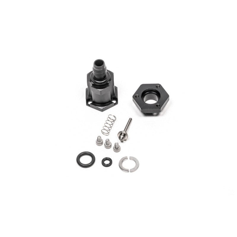Radium Engineering fuel pump outlet adapter featuring an integrated check valve and 10mm male hose barb connection.