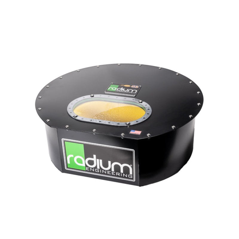 Radium Engineering R10.5A 10.5 gallon fuel cell with circular aluminum outer shell and internal safety foam.