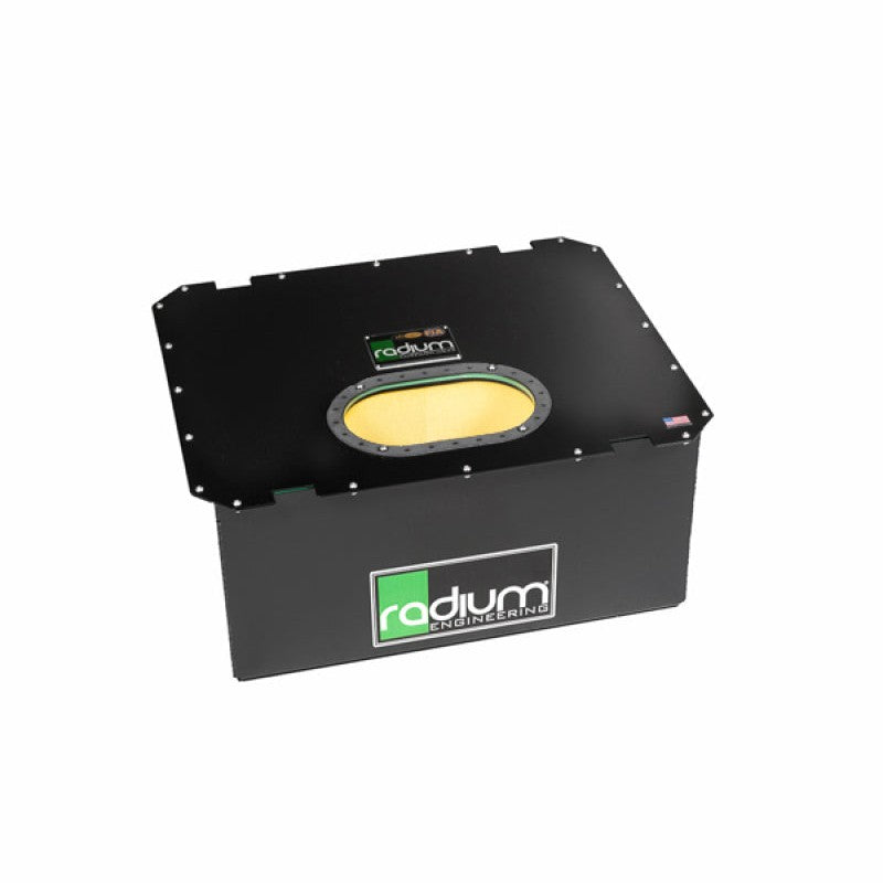 Radium Engineering R22A 22-gallon rectangular fuel cell with FIA and SFI certification labels.