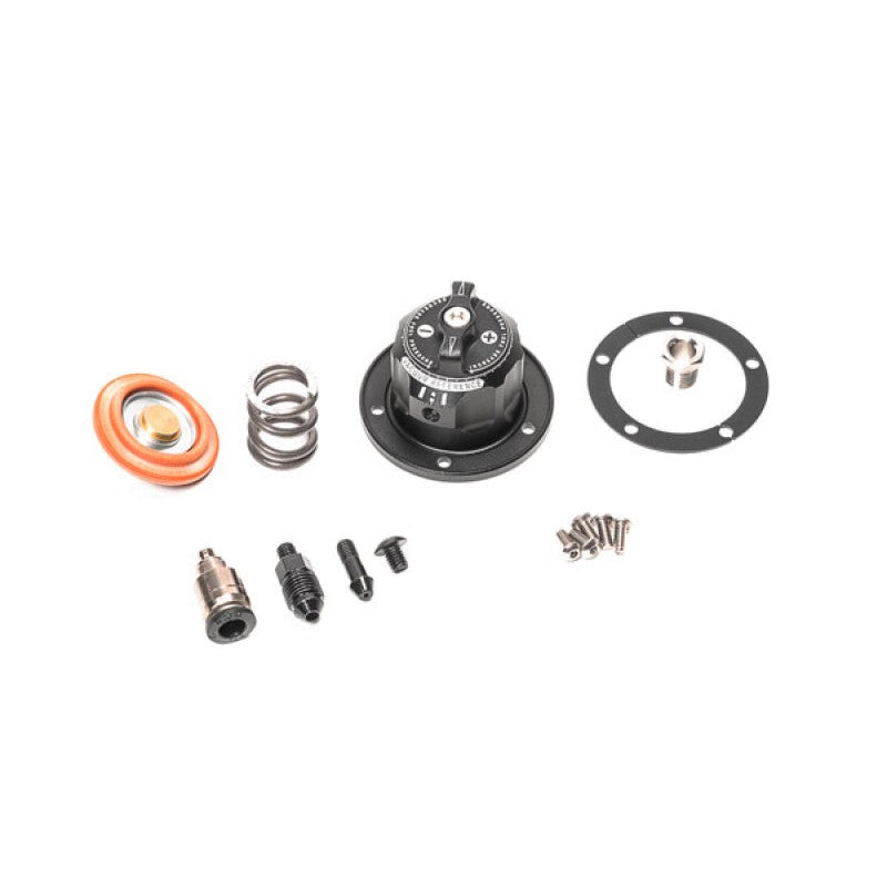 Radium Engineering RA-Series black anodized fuel pressure regulator conversion kit with tool-free adjustment knob.