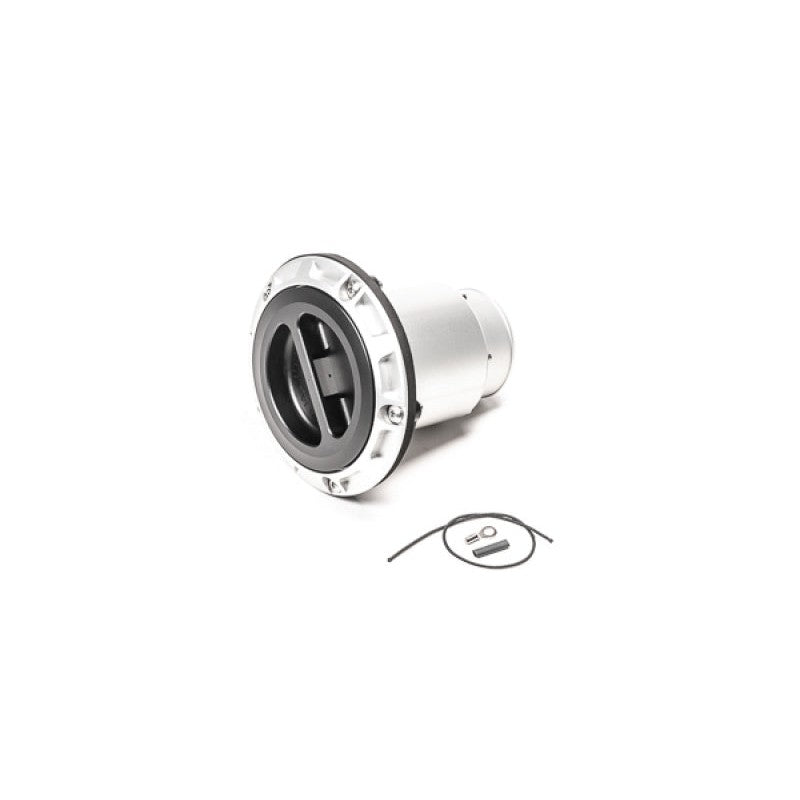 CNC-machined Radium Engineering remote fuel filler showing 2.25-inch hose barb and vented screw-off cap