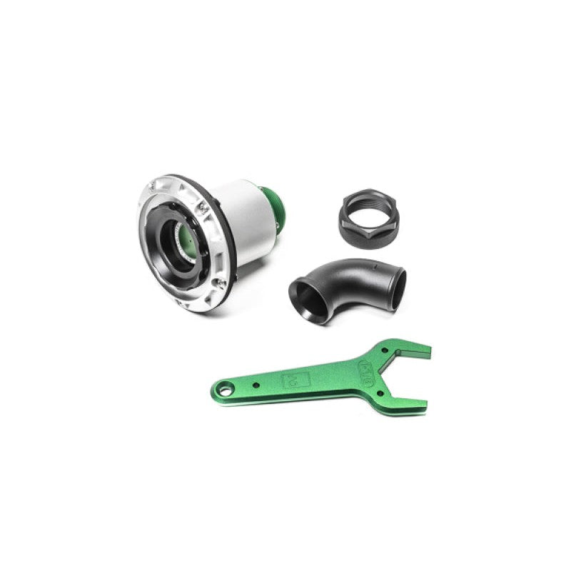 Radium Engineering remote mount vented female dry break receptacle with a clockable 75-degree 1.5-inch diameter elbow.