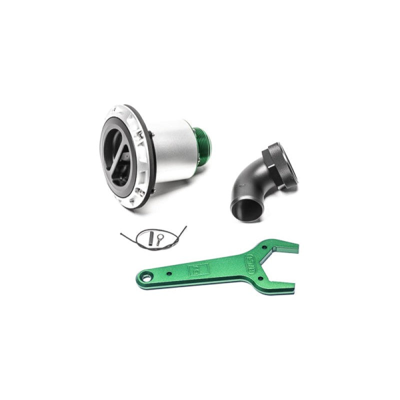 Radium Engineering remote mount fuel filler with screw-off cap and 75-degree 1.5-inch elbow for -24AN fitting.