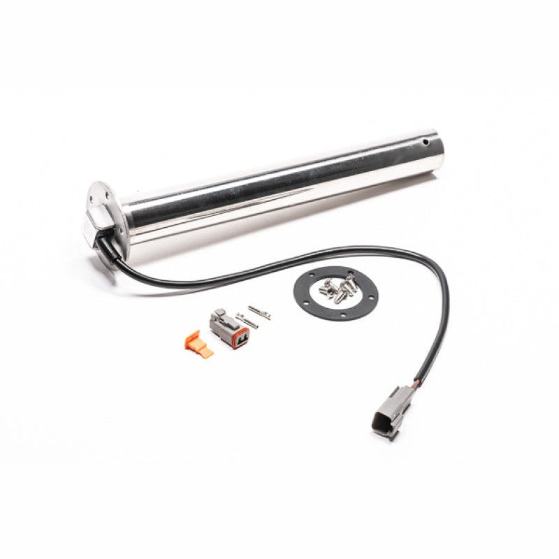 8-inch stainless steel shrouded fuel level sender with SAE 5-bolt mounting flange and 0-90 ohm sensor