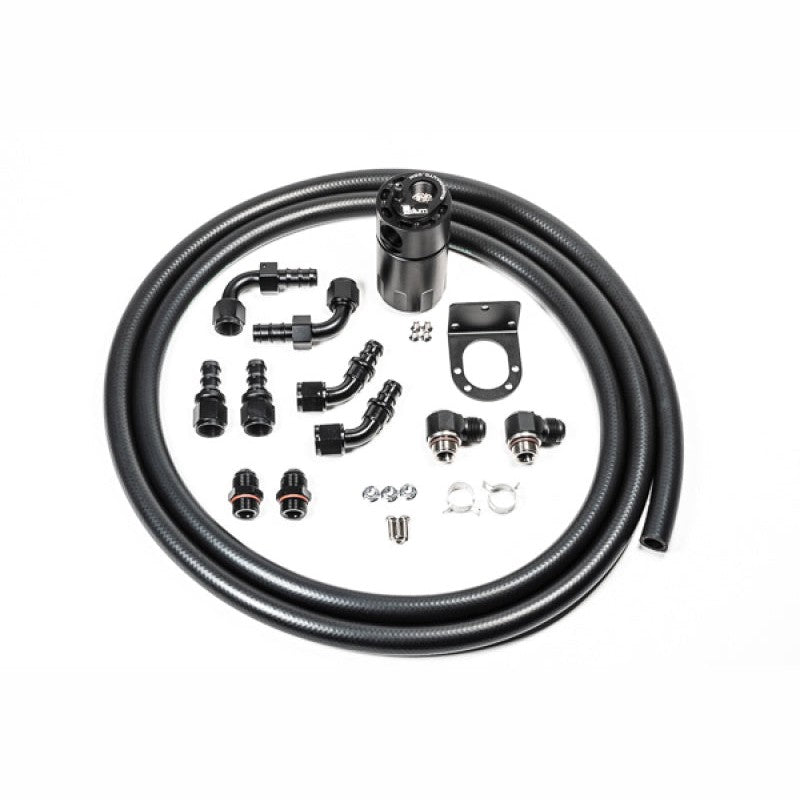 Radium Engineering black anodized single catch can with 10AN hoses, fittings, and universal mounting bracket.