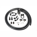 Radium Engineering black anodized single catch can with 10AN hoses, fittings, and universal mounting bracket.