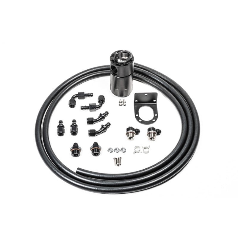 Radium Engineering universal 6AN single catch can kit with Fluid Lock canister, black 6AN hose, and mounting hardware