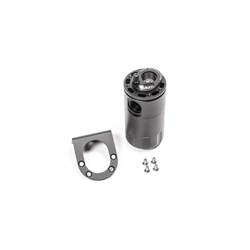 Radium Engineering black anodized aluminum universal oil catch can with Fluid Lock surge protection and mounting bracket.
