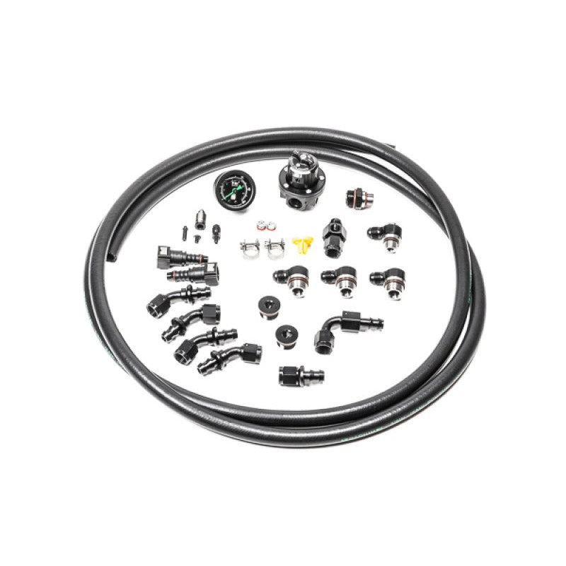 Radium Engineering fuel plumbing kit with black braided hoses and fittings for Subaru EJ engine fuel rails.
