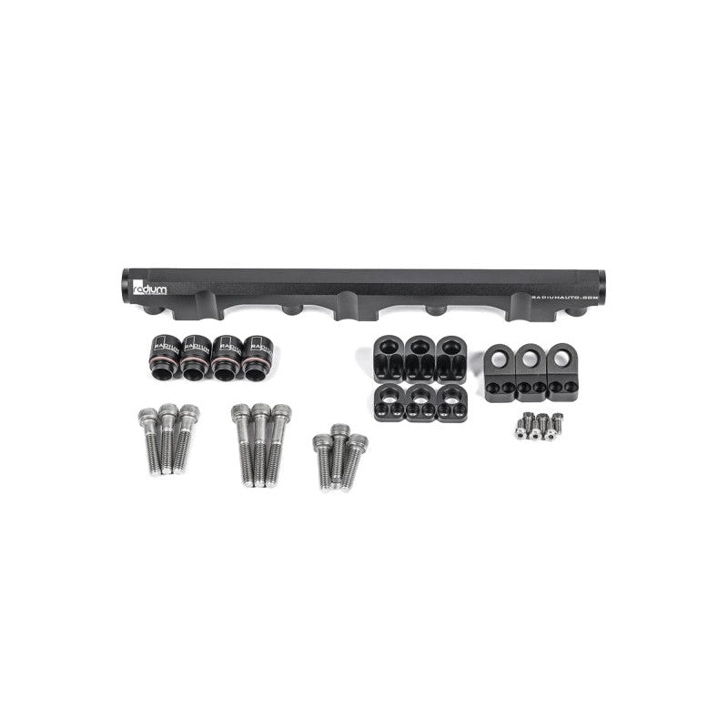 Black anodized Radium Engineering fuel rail with mounting hardware for Toyota 3S-GE and 3S-GTE Gen 3-5 engines.