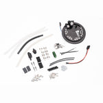 Anodized aluminum Radium Engineering fuel hanger for Toyota MK5 Supra showing pump mounting locations and ports.