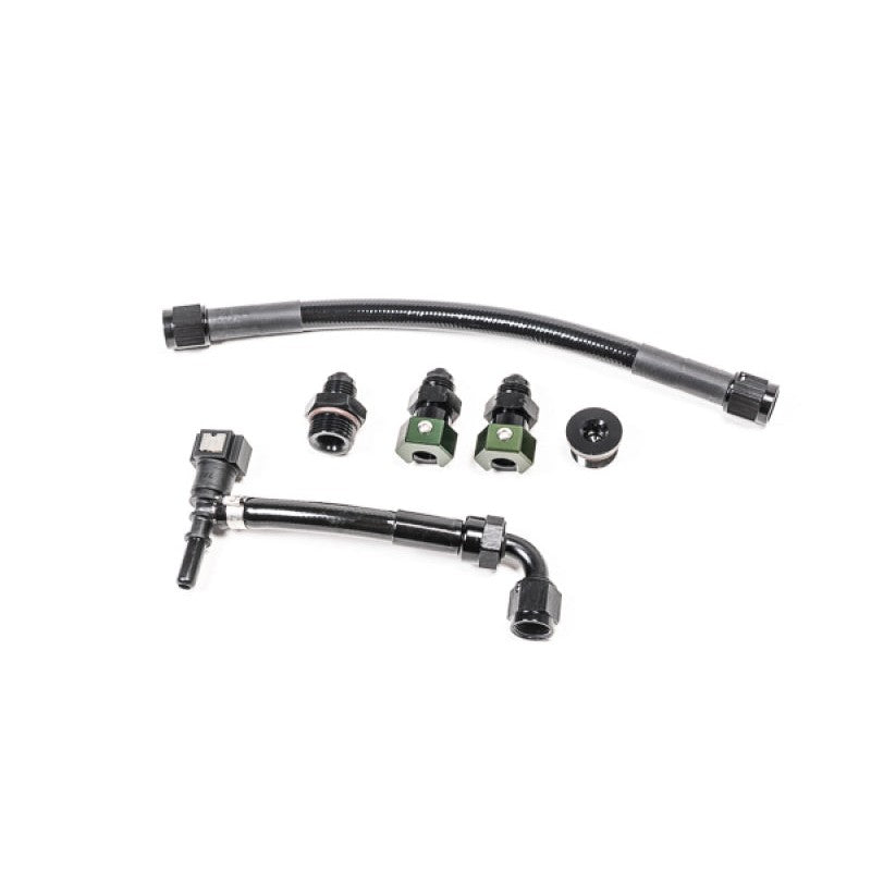Radium Engineering fuel rail plumbing kit featuring a T-fitting and adapters for the Toyota MK5 Supra fuel system.