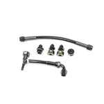Radium Engineering fuel rail plumbing kit featuring a T-fitting and adapters for the Toyota MK5 Supra fuel system.
