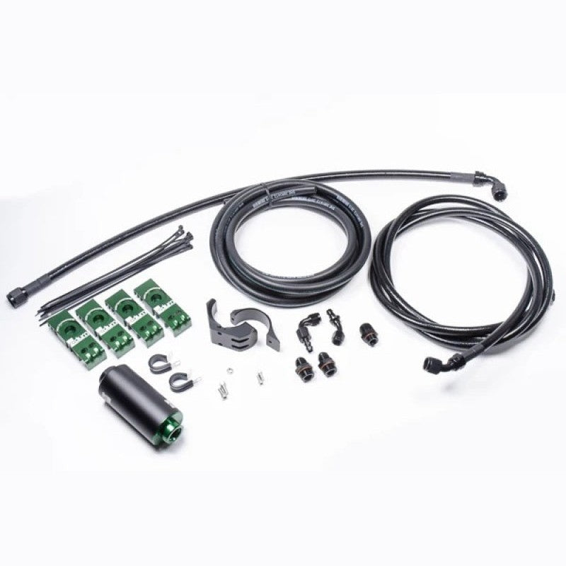 Radium Engineering fuel hanger plumbing kit with a high-flow stainless steel fuel filter for 1993-1998 Toyota Supra.