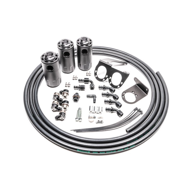 Radium Engineering triple catch can kit with three black anodized reservoirs and brackets for Nissan R35 GT-R.