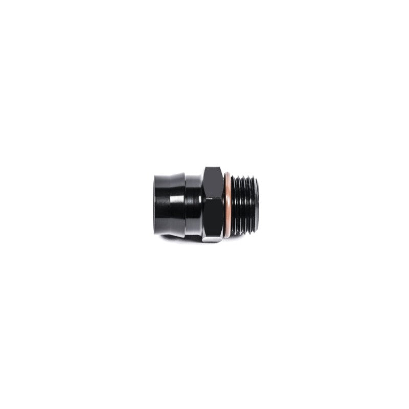 Black anodized aluminum Radium Engineering V2 adapter fitting showing 12mm female quick connect and 8AN ORB male threads.
