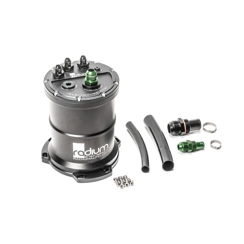 Radium Engineering universal aluminum fuel surge tank for external in-line fuel pumps, part number 20-1195.