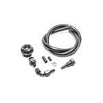 Radium Engineering 20-0587 Baffled VTE Kit with black billet aluminum oil cap, PCV valve, and connecting hose.