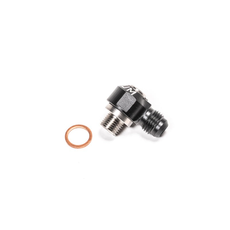Radium Engineering M12x1.25 to 6AN male swivel banjo fitting with stainless steel bolt and aluminum adapter housing.