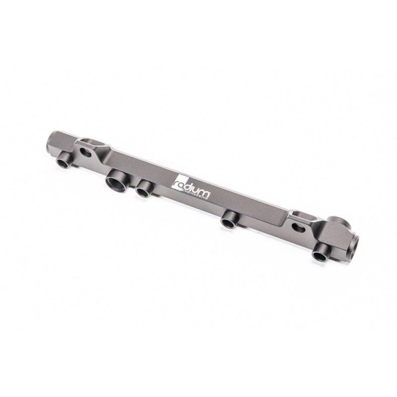 Radium Engineering high-flow aluminum fuel rail with 8AN ORB ports for 1990-1993 Mazda Miata 1.6L B6 engines.