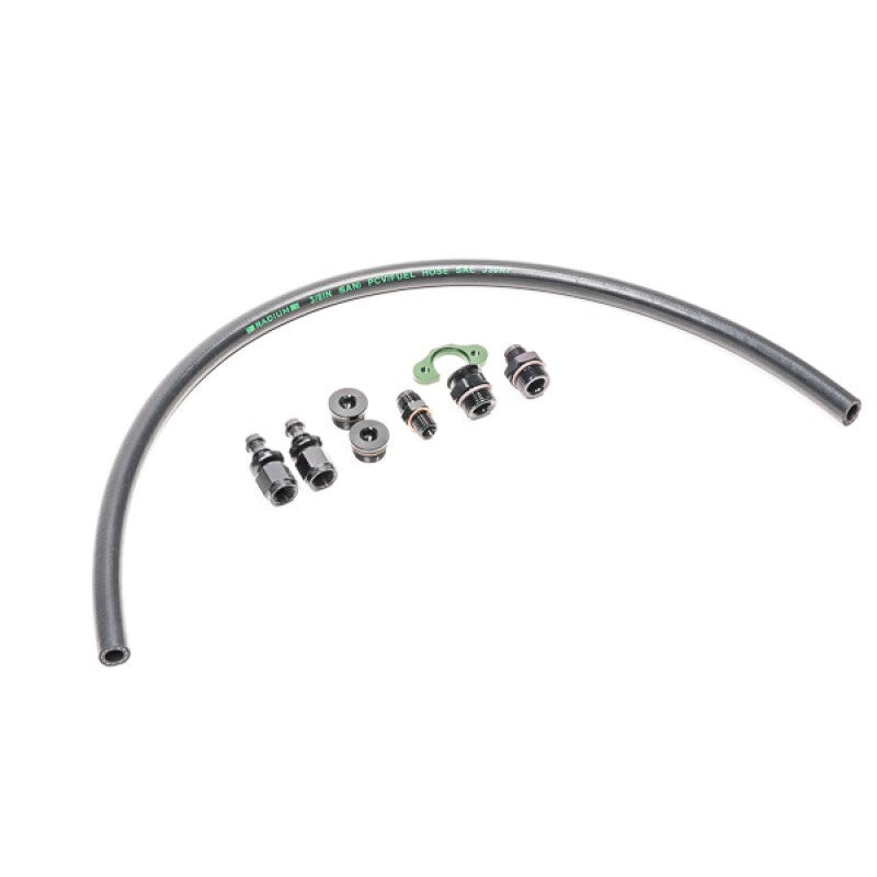 Radium 20-0533-PK fuel rail plumbing kit with black AN fittings and hose for early Mitsubishi 4G63 engines.