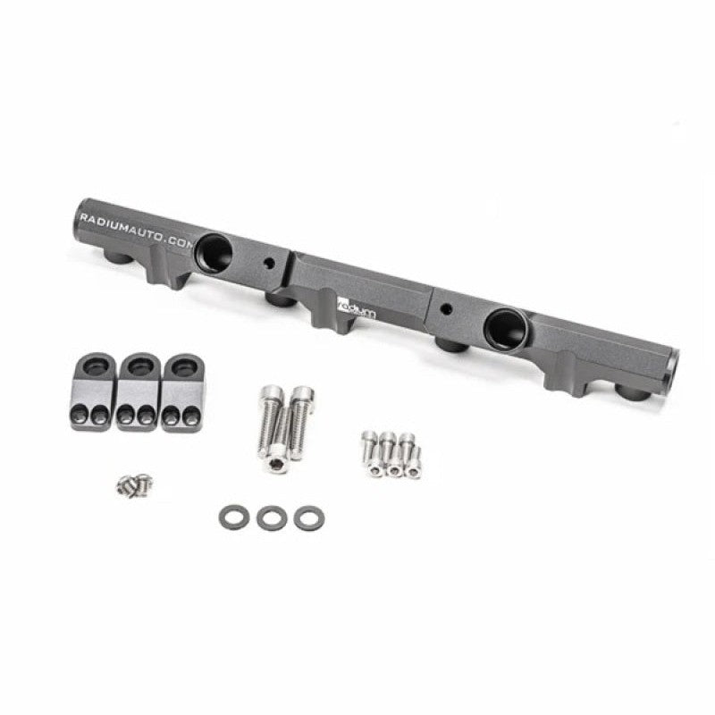Black anodized billet aluminum Radium high-flow fuel rail for Mitsubishi 4G63 early DSM engines.