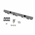Black anodized billet aluminum Radium high-flow fuel rail for Mitsubishi 4G63 early DSM engines.