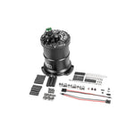 Radium Engineering multi-pump fuel surge tank with integrated regulator and three fuel pump mounting ports.