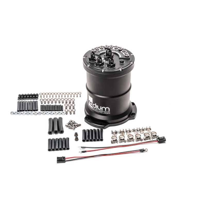 Radium Engineering 2.0L multi-pump fuel surge tank with black anodized top and pre-installed AN adapter fittings.