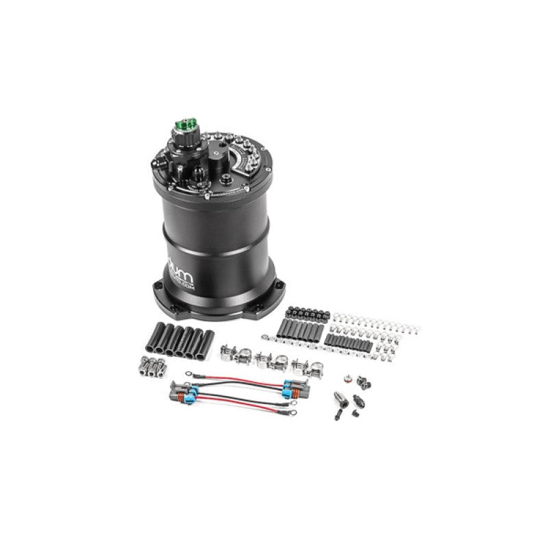 Radium Engineering 20-1447 multi-pump regulated fuel surge tank with integrated regulator and anodized AN fittings.