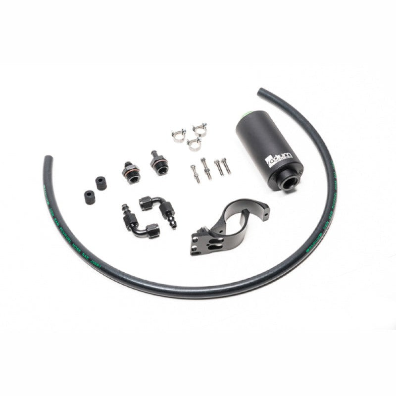 Radium Engineering Nissan fuel filter kit featuring a 6 micron microglass element and mounting hardware.