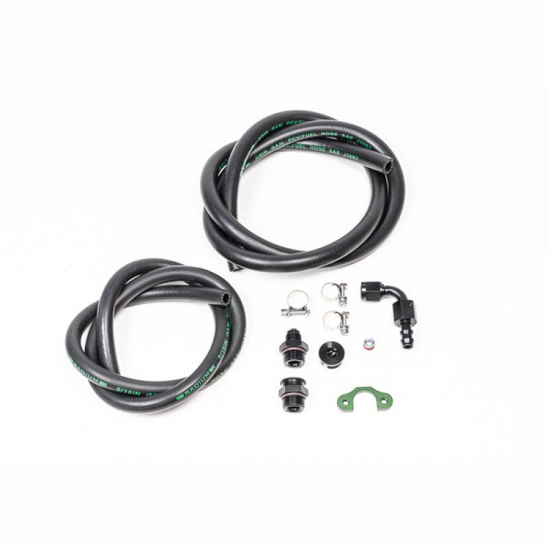 Radium Engineering fuel rail plumbing kit with black anodized fittings and fuel line components for Nissan RB26DETT.