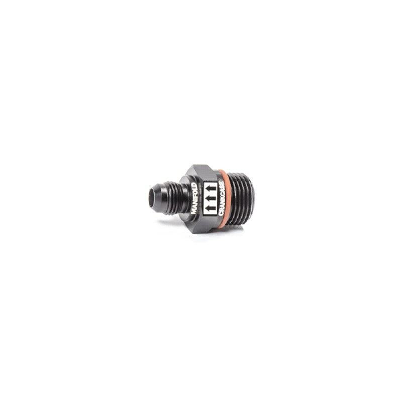 Radium Engineering CNC machined aluminum PCV valve featuring 10AN ORB and 6AN male threaded connections.