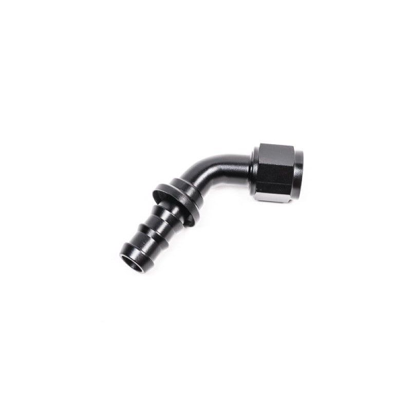 Black anodized aluminum 10AN 60-degree Pushlok hose end fitting with barbed connection.