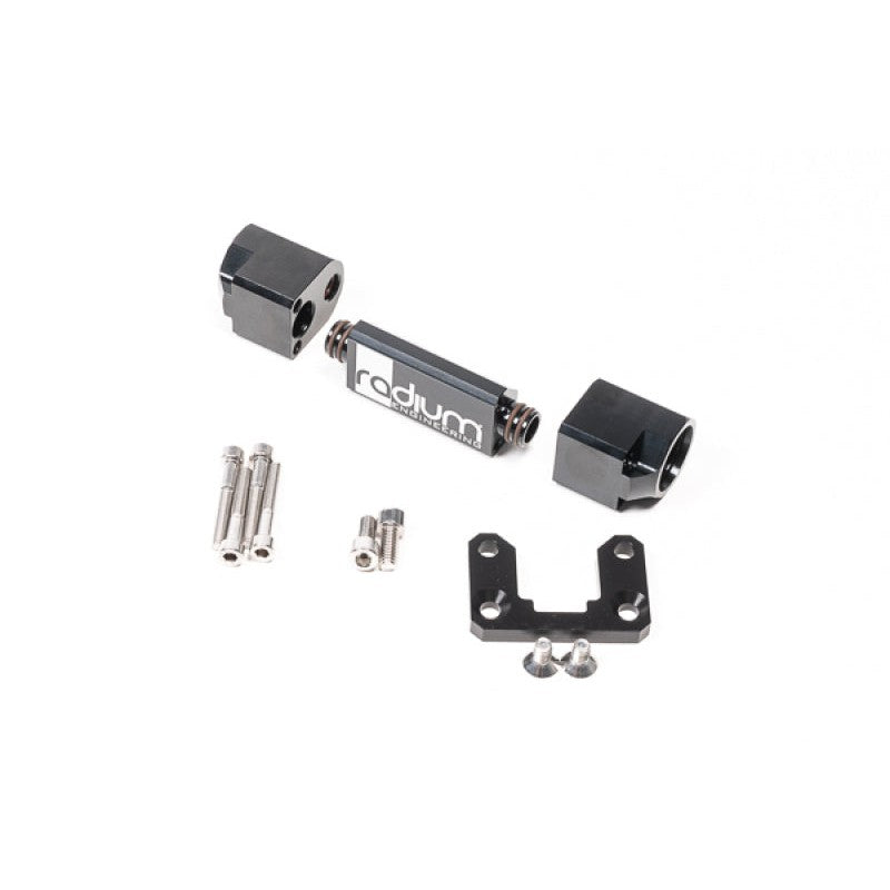 Radium Engineering Split-Flow Flex Fuel Sensor Adapter showing dual-passage design and -10AN ORB ports