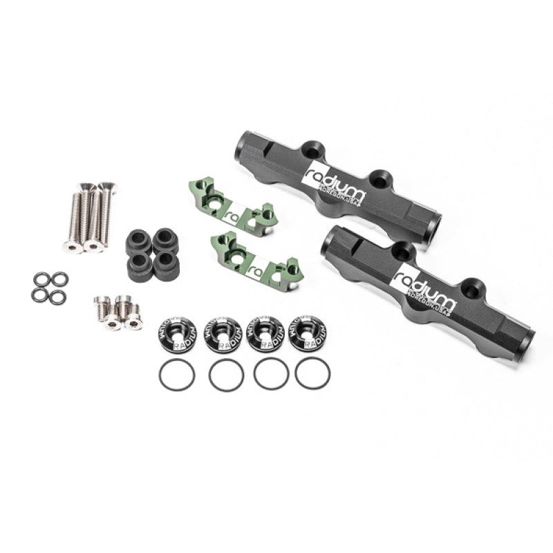 Radium Subaru EJ V1-V2 top feed conversion fuel rails showing 8AN ORB ports
